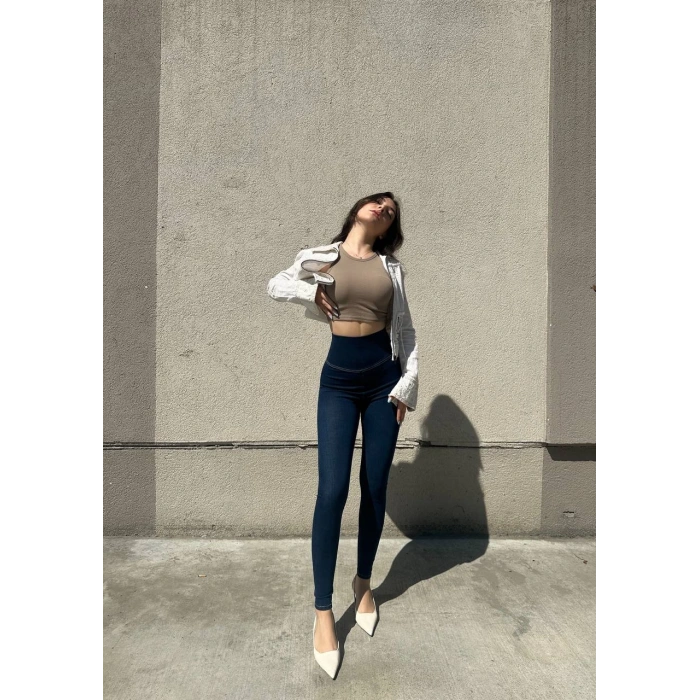 Lacivert Yüksek Bel En Boy Likralı Kot Tayt