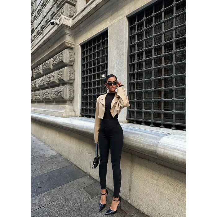 Siyah Yüksel Bel En Boy Likralı Kot Tayt