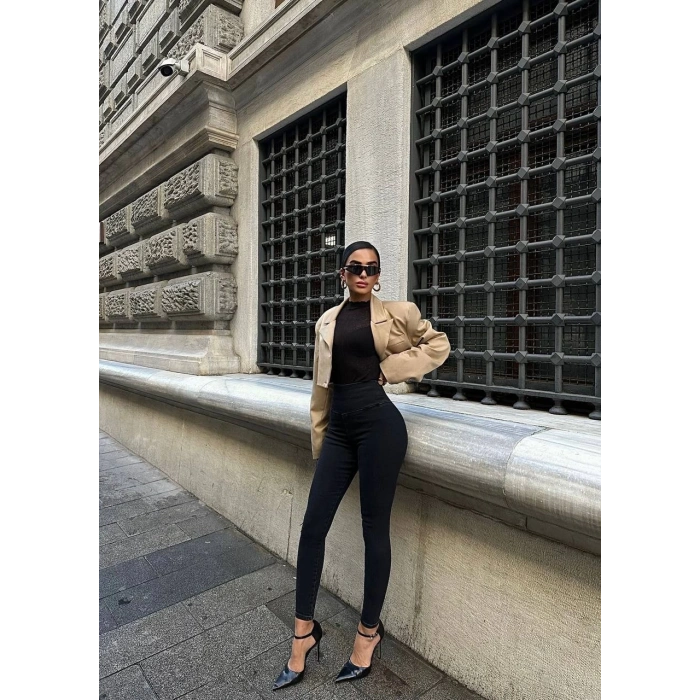 Siyah Yüksel Bel En Boy Likralı Kot Tayt