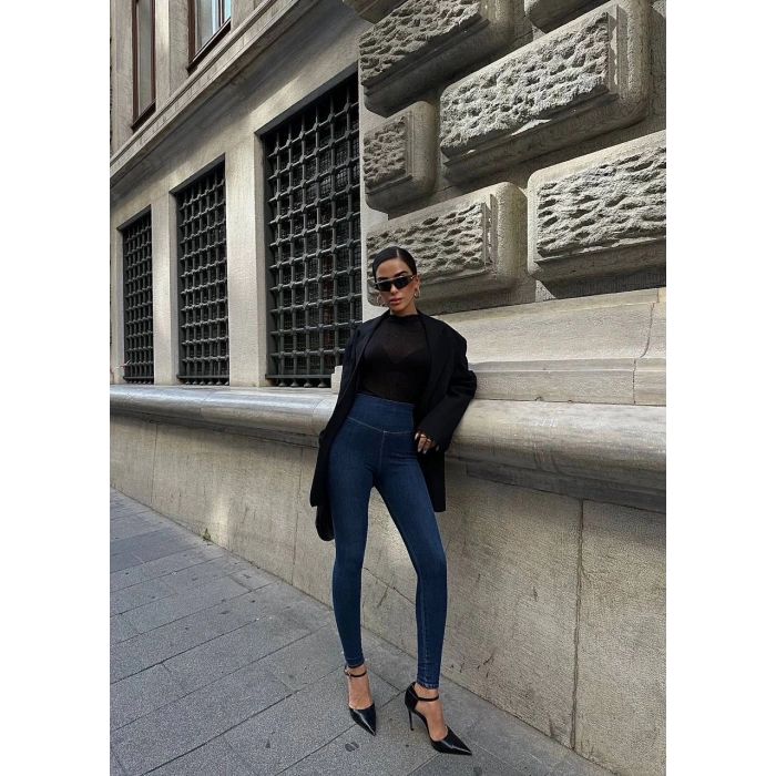 Mavi Yüksel Bel En Boy Likralı Kot Tayt