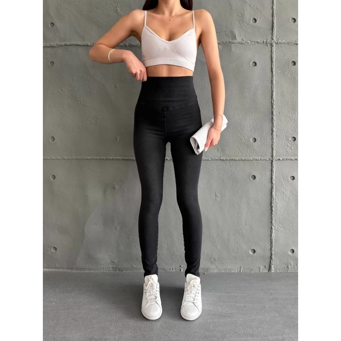 Siyah Yüksel Bel İnceltici Esnek Likralı Kot Tayt