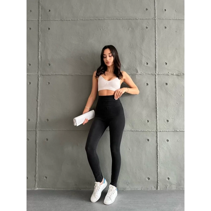 Siyah Yüksel Bel İnceltici Esnek Likralı Kot Tayt