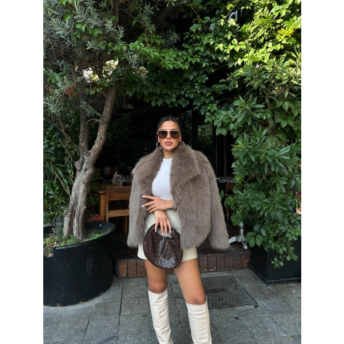 Kahve Şal Yaka İçi Astarlı Kürk Kaban