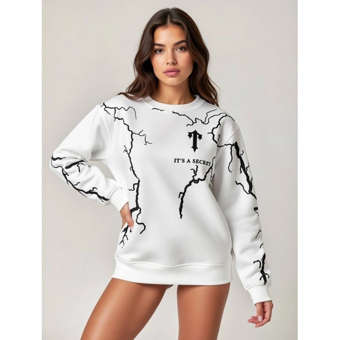 Beyaz Secret Üç İplik Oversize Sweat