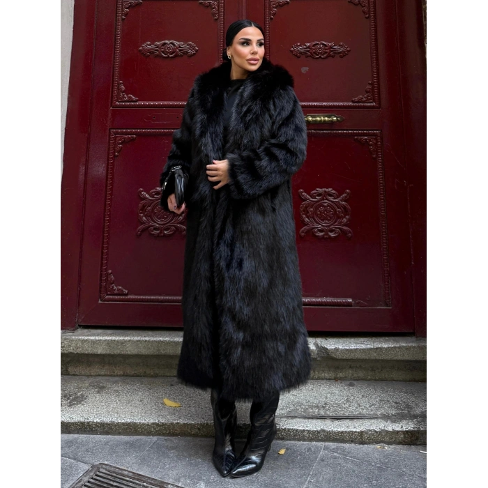 Siyah Kapşonlu Uzun İthal Kürk