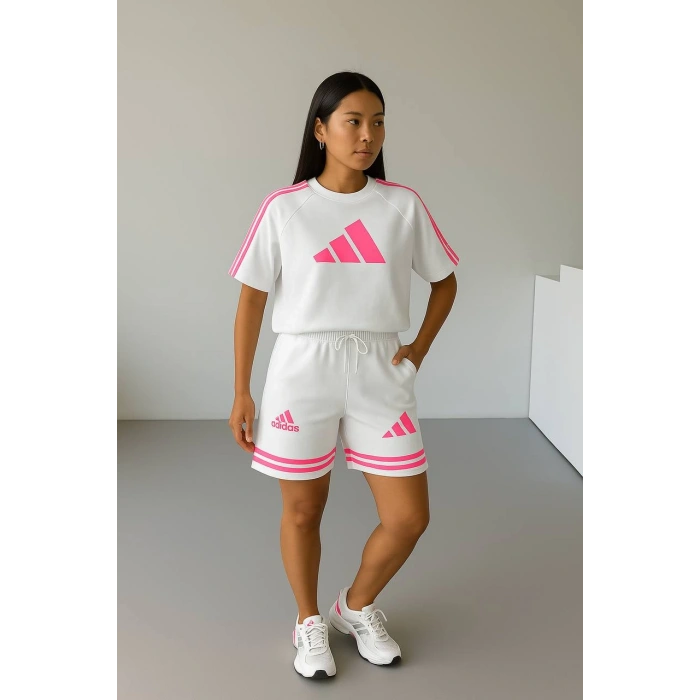Beyaz ADD Fuşya Çizgili Oversize Unisex Şortlu Takım