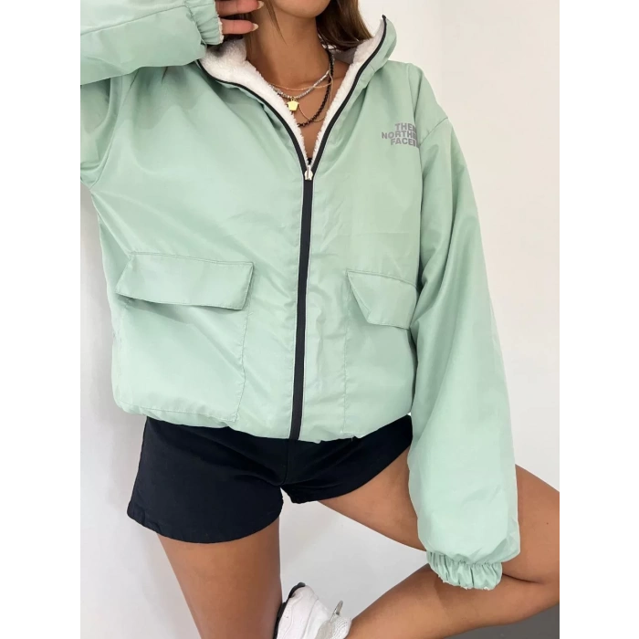 Yeşil Çift Taraflı Giyilebilir Kürklü Mont