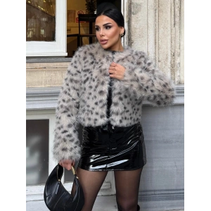 Gri Leopar Düz Yaka Crop İthal Kürk