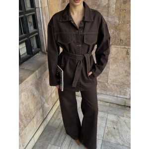 Kahve Kuşaklı Denim Takım