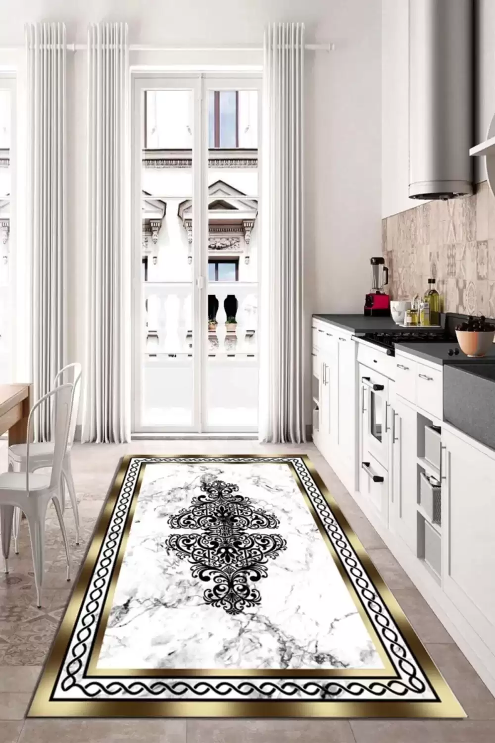 Altın Çerçeveli Elegant Mermer Desenli Kaymaz Taban Salon Mutfak Halısı