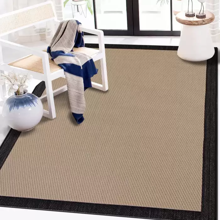 Halıca S-9716 Jüt Sisal Bej Siyah Dekoratif Halı