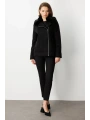 Ekol Kadın Yan Fermuarlı Yakası Peluş Siyah Kadın Manto 06085