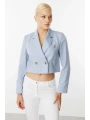 Ekol Kadın Düğmeli Mavi Crop Ceket 04076