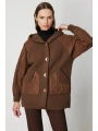 On Fashion Kadın Kolları Kapitoneli Düğmeli Kapüşonlu Kahverengi Mont 60935