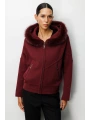 On Fashion Kadın Yakası Kürklü Fermuarlı Bordo Hırka 63908