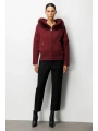 On Fashion Kadın Yakası Kürklü Fermuarlı Bordo Hırka 63908