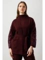 On Fashion Kadın Kolları Taşlı Kuşaklı Triko Bordo Hırka 60902