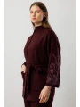 On Fashion Kadın Kolları Taşlı Kuşaklı Triko Bordo Hırka 60902