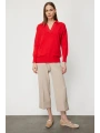 On Fashion Kadın Yakası Zincirli Polo Yaka Kırmızı Kazak 66336