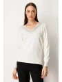 On Fashion Kadın V Yaka Önü Taşlı Ekru Kazak 65315