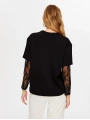 Faik Sönmez Kadın Kolları Dantel Garnili Yuvarlak Yaka Siyah T-Shirt UW26TSH071