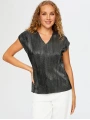 Faik Sönmez Kadın V Yaka Gümüş Baskılı Piliseli Siyah Abiye Bluz UW26BLZ026