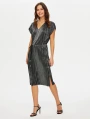 Faik Sönmez Kadın V Yaka Gümüş Baskılı Piliseli Siyah Abiye Elbise UW26ABY015