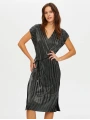 Faik Sönmez Kadın V Yaka Gümüş Baskılı Piliseli Siyah Abiye Elbise UW26ABY015