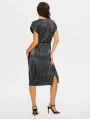 Faik Sönmez Kadın V Yaka Gümüş Baskılı Piliseli Siyah Abiye Elbise UW26ABY015