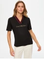 Faik Sönmez Kadın Renkli Triko Yakalı Sloganlı Siyah T-Shirt UW26TSH055