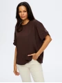 Faik Sönmez Kadın Kolları Taş Detaylı Yuvarlak Yaka Koyu Kahverengi T-Shirt UW26TSH088