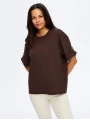 Faik Sönmez Kadın Kolları Taş Detaylı Yuvarlak Yaka Koyu Kahverengi T-Shirt UW26TSH088