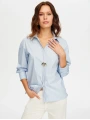 Faik Sönmez Kadın Metal Aksesuarlı Simli Çizgili Mavi Poplin Gömlek UW26GML007