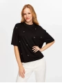 Faik Sönmez Kadın Önü Taş İşli Yuvarlak Yaka Kısa Kol Siyah T-Shirt UW26TSH066
