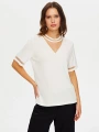 Faik Sönmez Kadın Transparan Detaylı Kısa Kollu Triko Ekru Bluz UW26TRB008