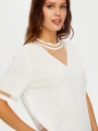 Faik Sönmez Kadın Transparan Detaylı Kısa Kollu Triko Ekru Bluz UW26TRB008