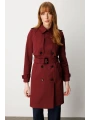 Ekol Apoletli Beli Kemerli Kadın Bordo Trençkot 07001