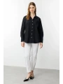 Ekol Büyük Beden Gül Nakışlı Cepli Siyah Kadın Gömlek 03504