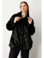 Ekol Büyük Beden Broş Detaylı Kürklü Siyah Kadın Manto 06305