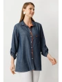 Ekol Kadın Düğmeli Cepli İndigo Gömlek 03962