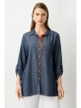 Ekol Kadın Düğmeli Cepli İndigo Gömlek 03962
