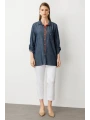 Ekol Kadın Düğmeli Cepli İndigo Gömlek 03962