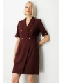 Ekol Kadın Kruvaze Yaka Süs Düğmeli Bordo Elbise 04017