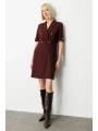 Ekol Kadın Kruvaze Yaka Süs Düğmeli Bordo Elbise 04017