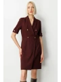 Ekol Kadın Kruvaze Yaka Süs Düğmeli Bordo Elbise 04017