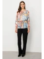 Ekol Kadın Yakası Bağcıklı Desenli Krem Bluz 03034