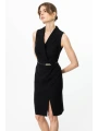 Ekol Kemerli Kruvaze Yaka Siyah Kadın Elbise 05464