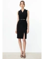 Ekol Kemerli Kruvaze Yaka Siyah Kadın Elbise 05464