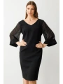 Ekol Büyük Beden Kol Tül Zımba Detaylı Siyah Kadın Elbise 05962