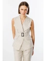 Ekol Kruvaze Kemerli Çizgili Kadın Bej Yelek 04050